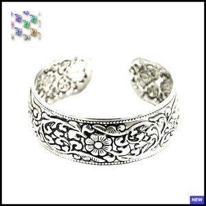 Vintage Carved Flower Cuff Bracelet Adjustable Stackable Boho Ethnic Statement